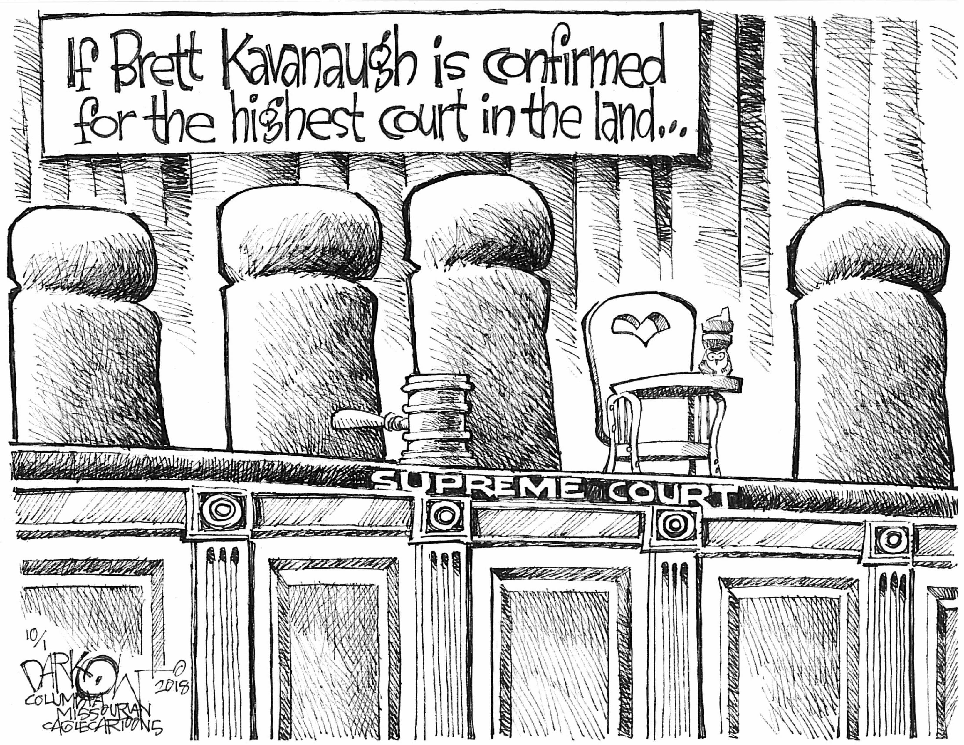 Political cartoon . Brett Kavanaugh Supreme Court high chair