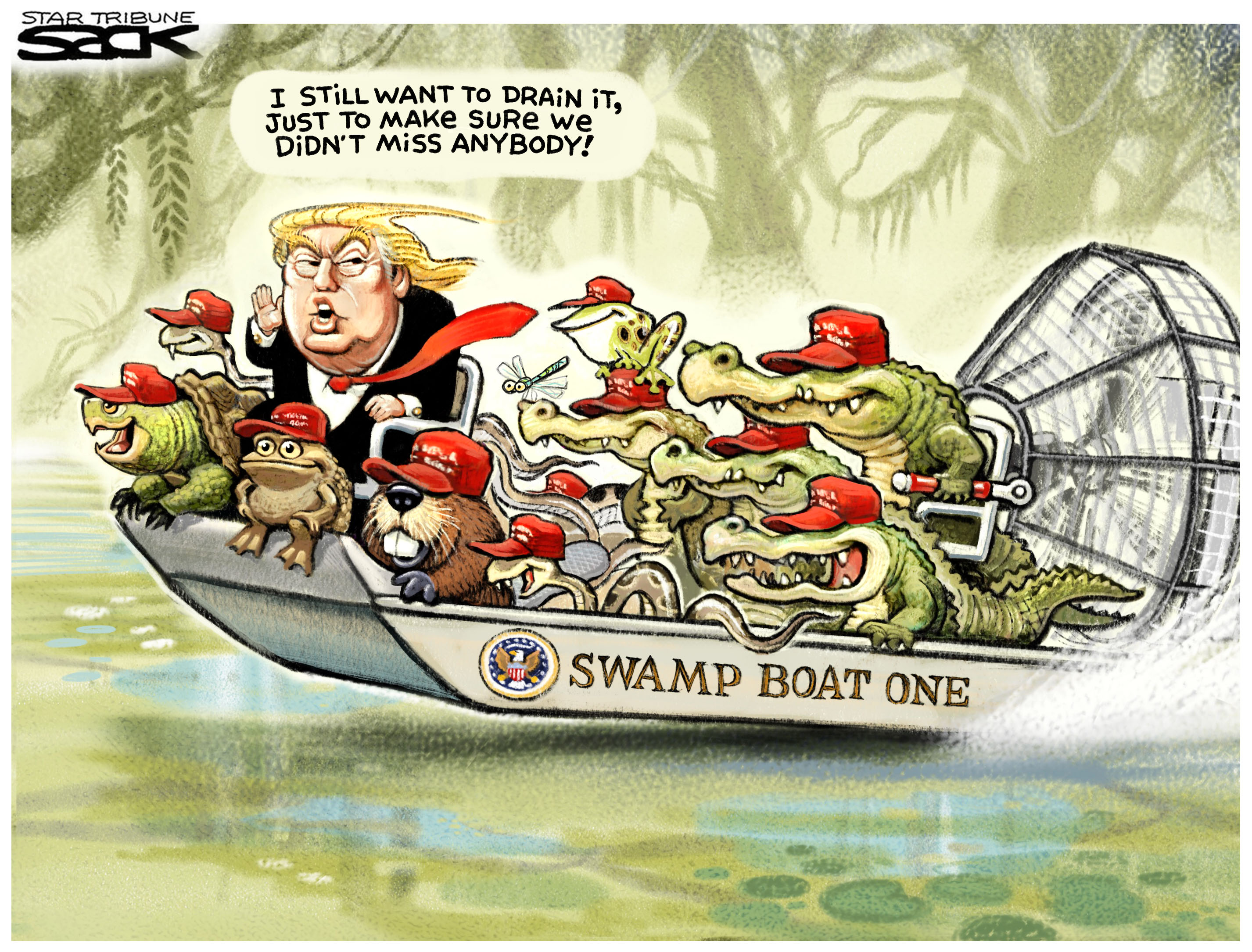 Political Cartoon . President Trump drain the swamp Washington insiders