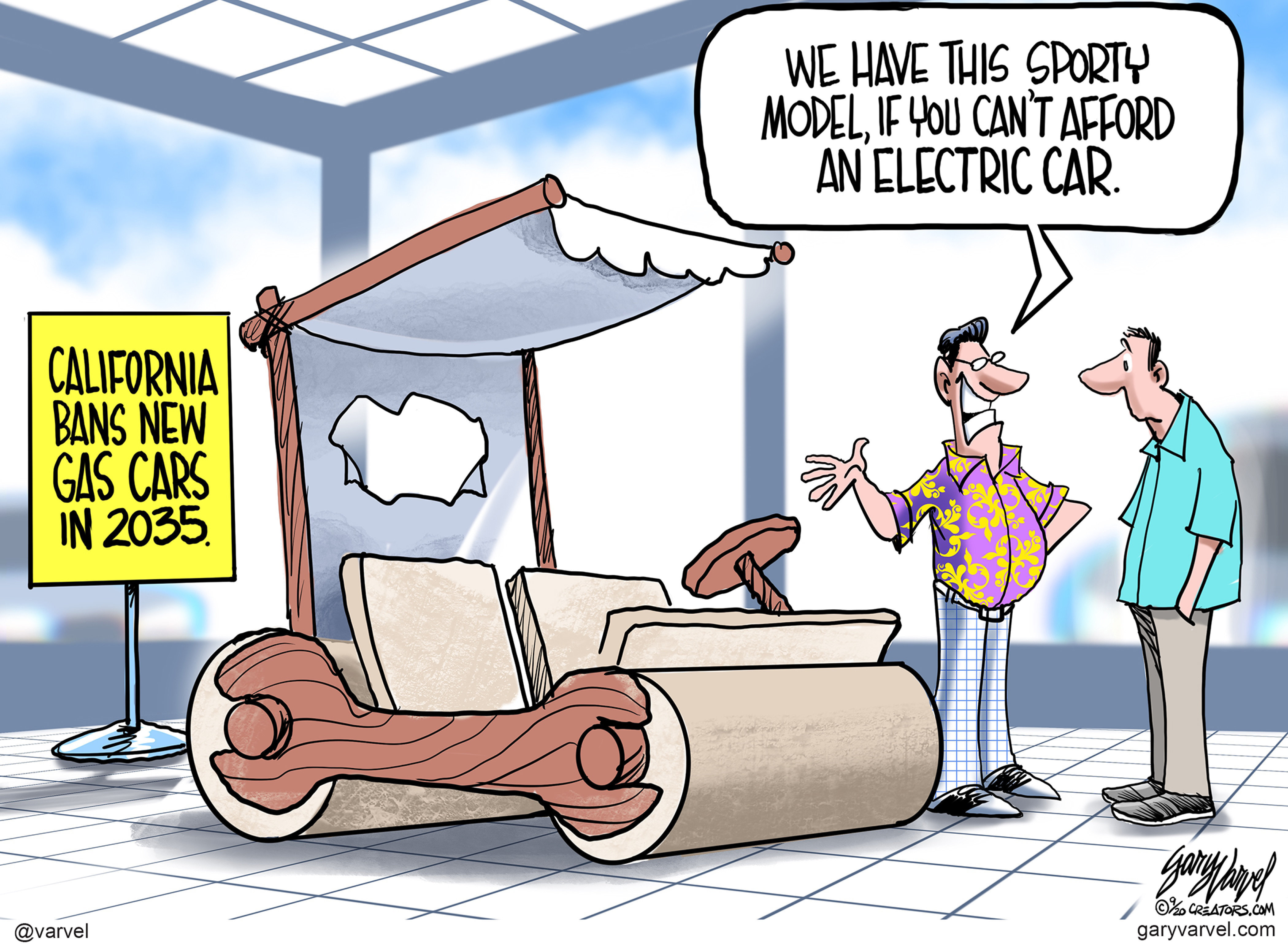 Editorial Cartoon U.S. California cars 2035 emissions Flintstones