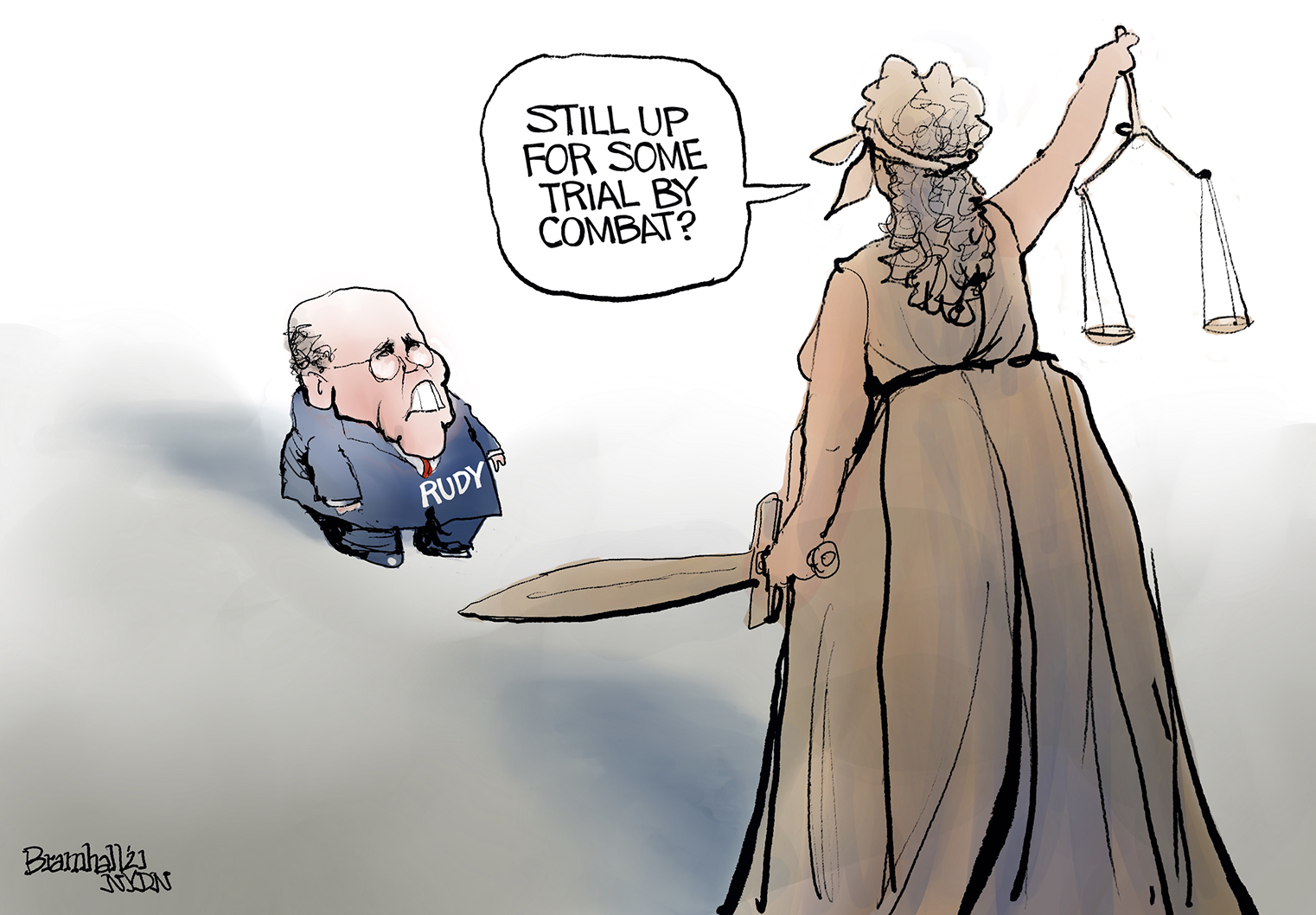 Political Cartoon U.S. giuliani fbi raid trial by combat