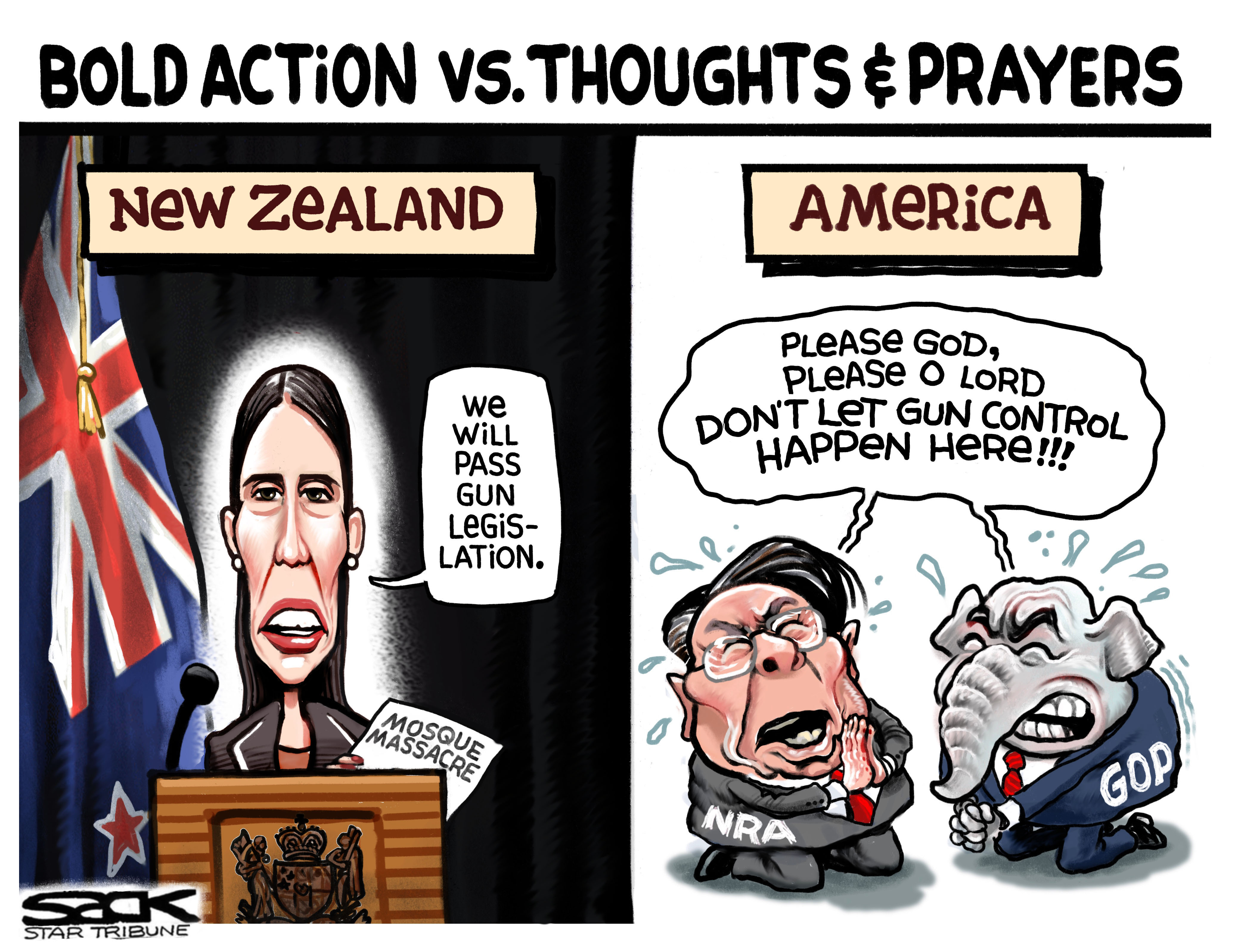 Political cartoon . New Zealand mosque shooting NRA GOP gun control