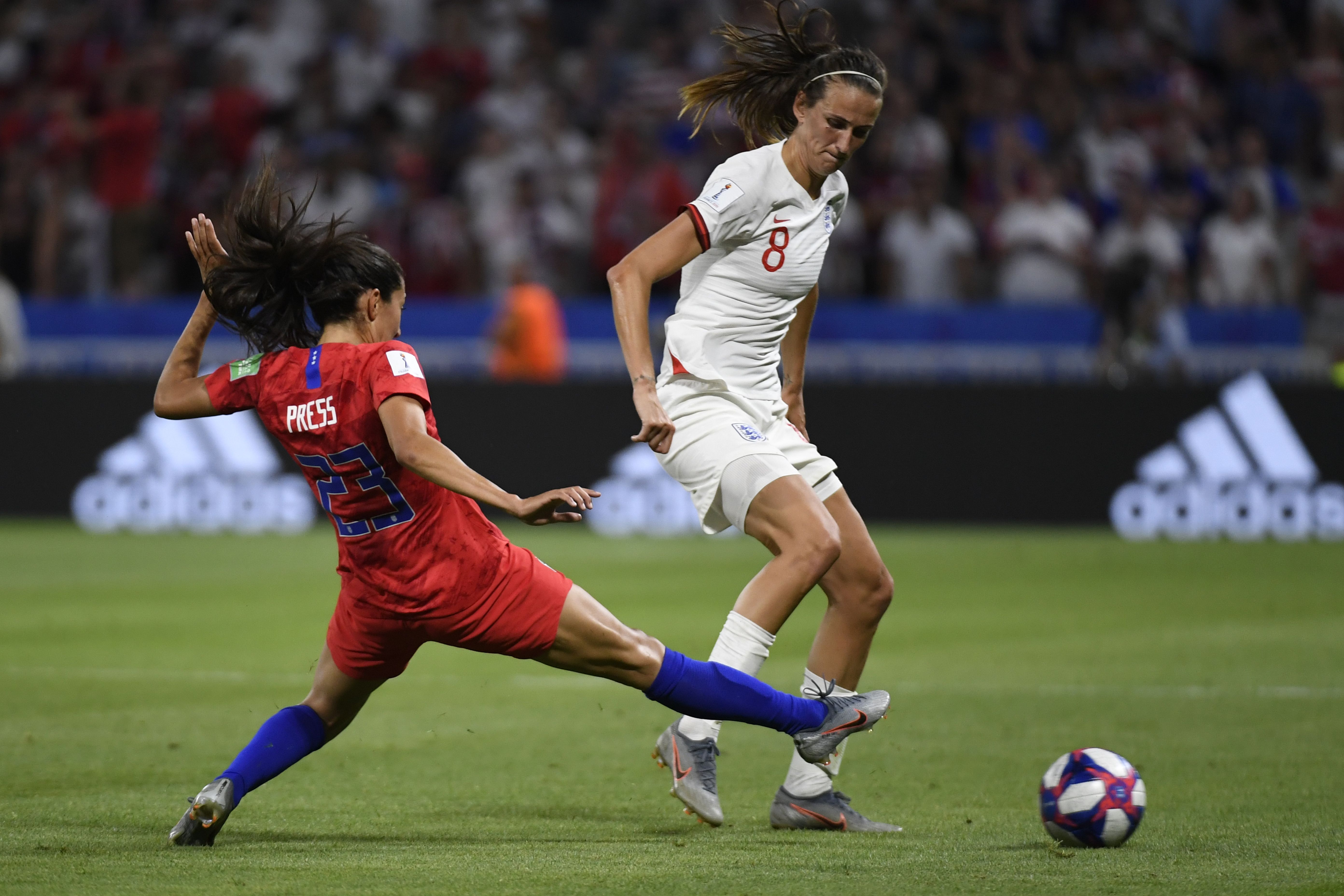 USA&#039;s Christen Press and England&#039;s midfielder Jill Scott during the France 2019 Women&#039;s World Cup semi-final.