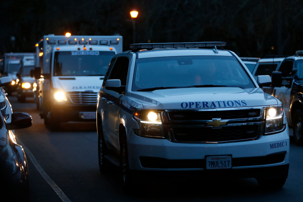 A convoy of emergency vehicles leave the Veterans Home of California during an active shooter turned hostage situation on March 9, 2018 in Yountville, California.
