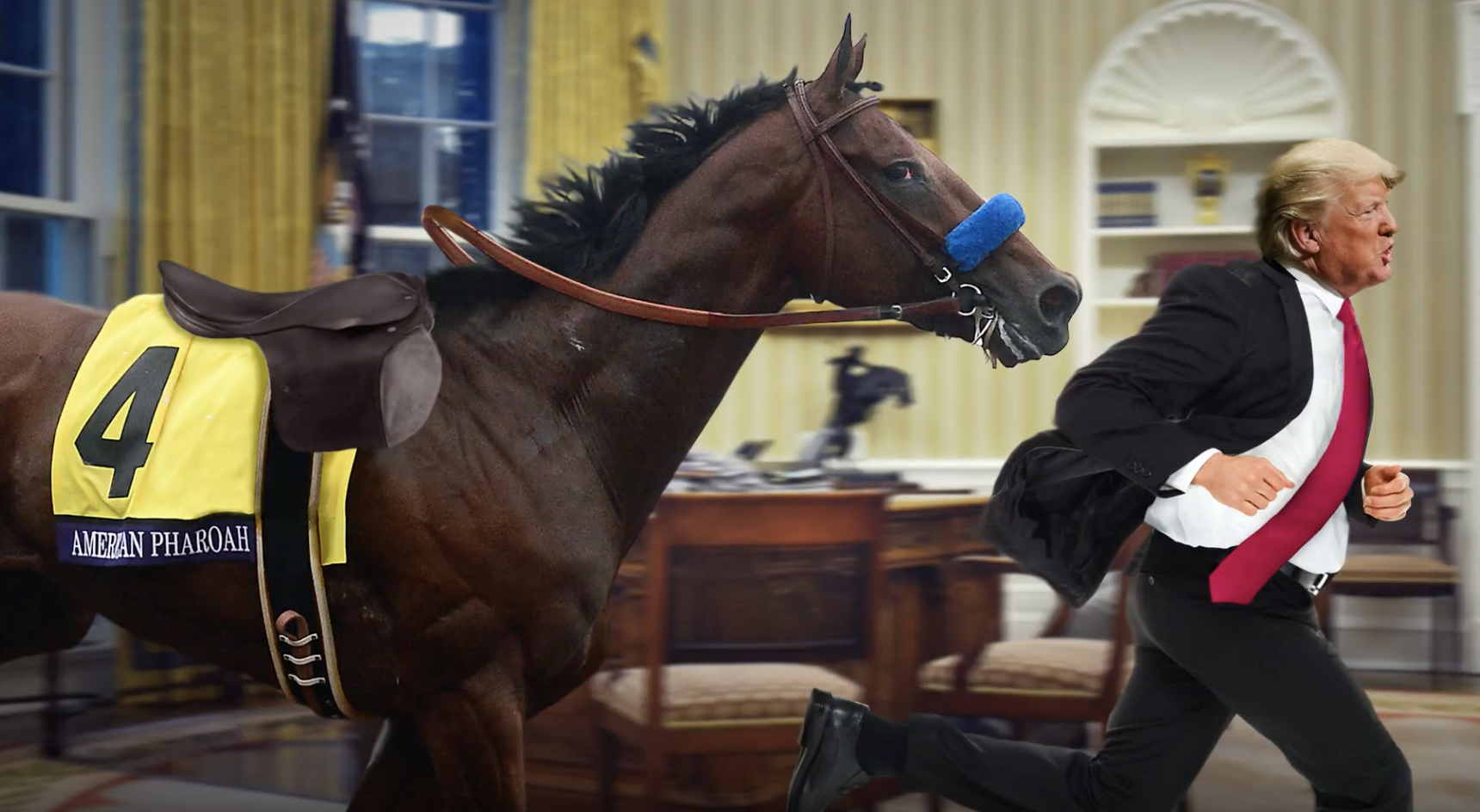 An illustration showing American Pharaoh chasing after Donald Trump.