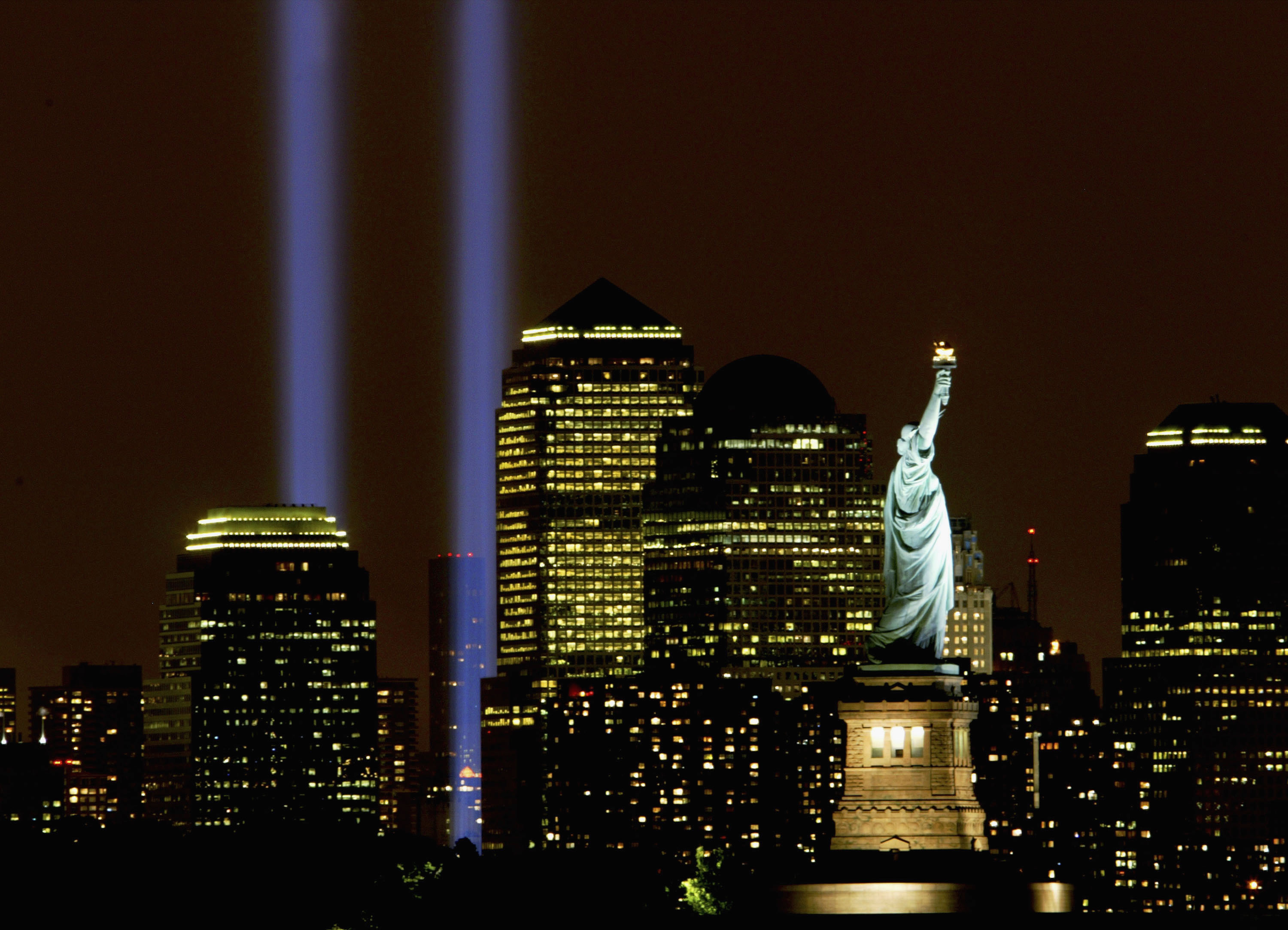 Two columns of light symbolize the fallen World Trade Center towers in a tribute in light September 11, 2003 in New York City