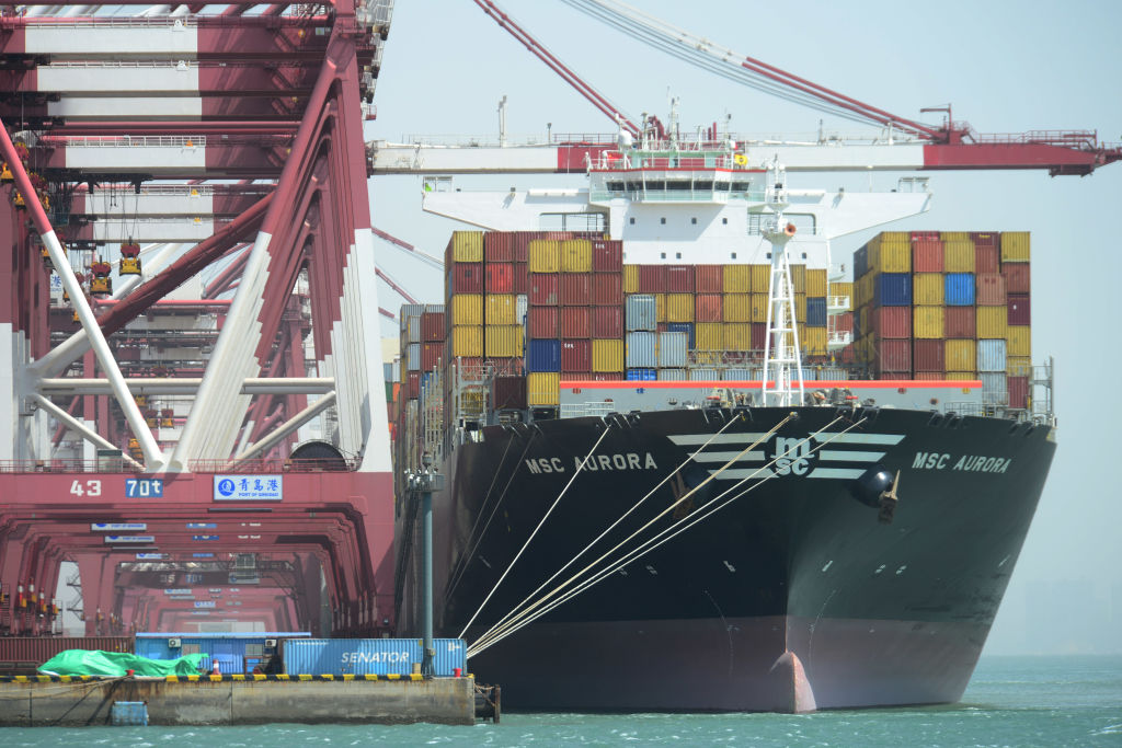 A cargo ship loads up in Qingdao, China.