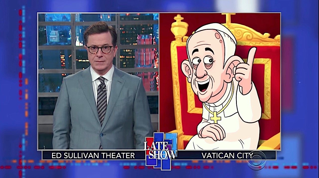 Stephen Colbert interviews Cartoon Pope Francis