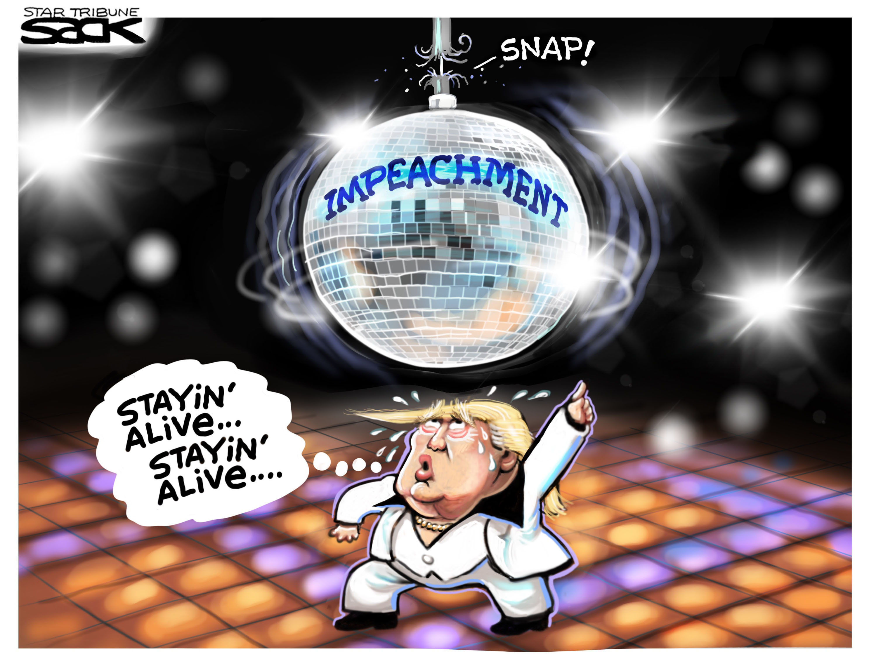 Political Cartoon U.S. Trump Stayin Alive Saturday Night Fever Impeachment