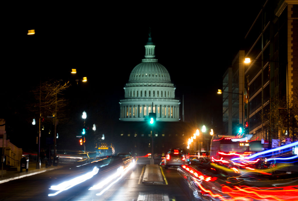 The U.S. Capitol at night.
