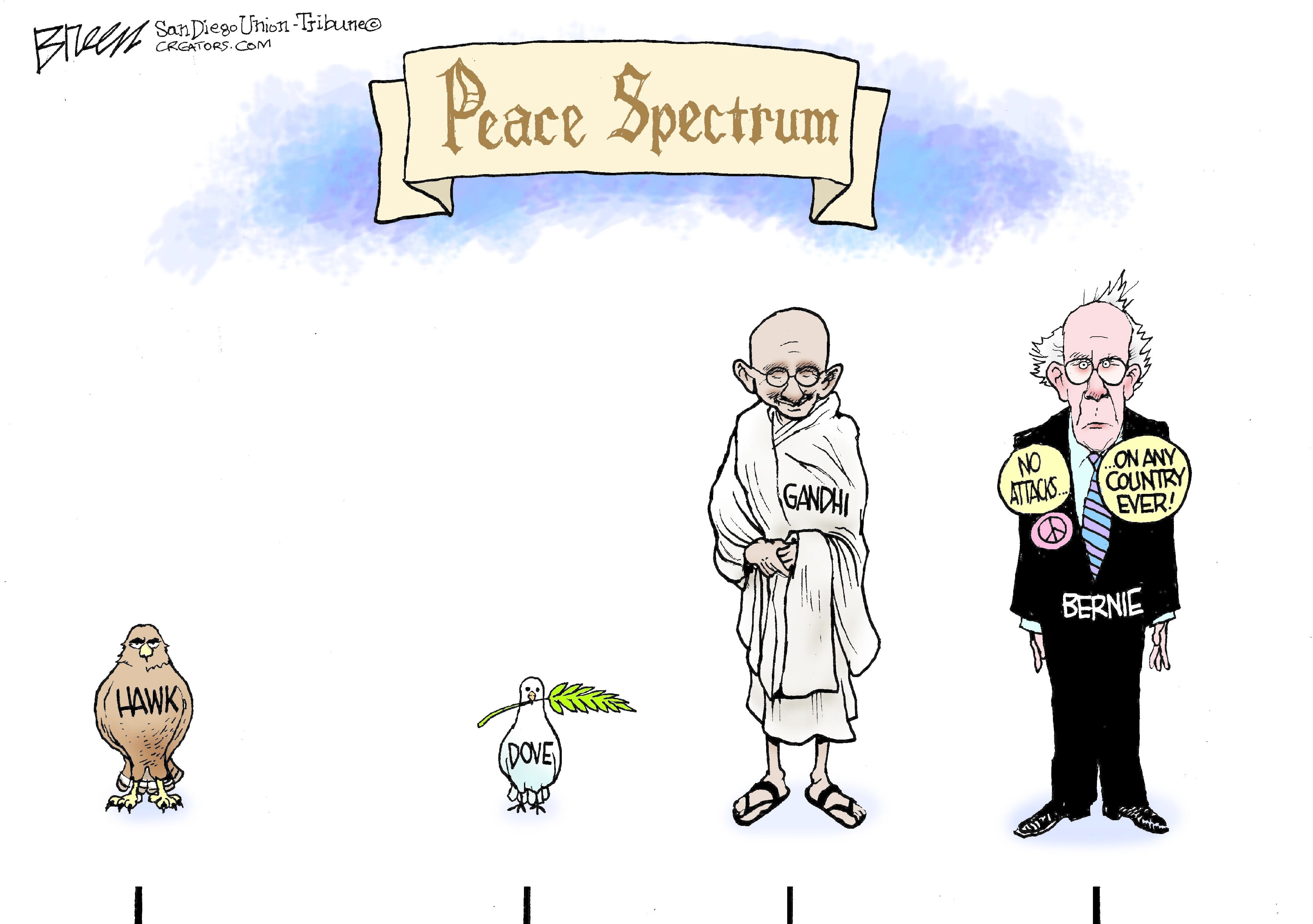 Political Cartoon . Bernie peace Gandhi Iran