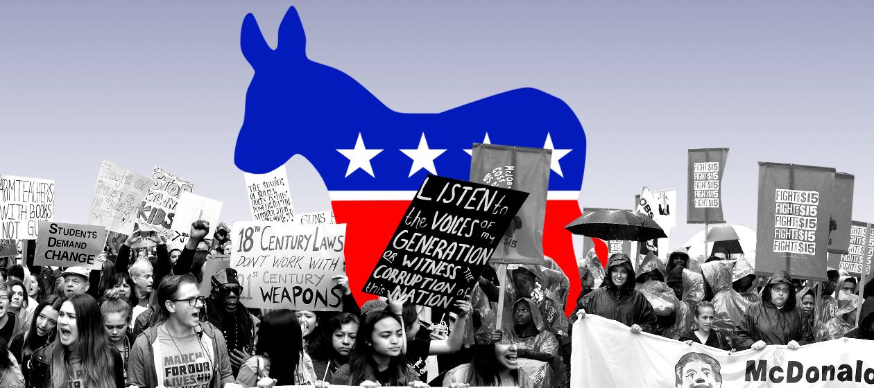 Protesters and the Democratic symbol.
