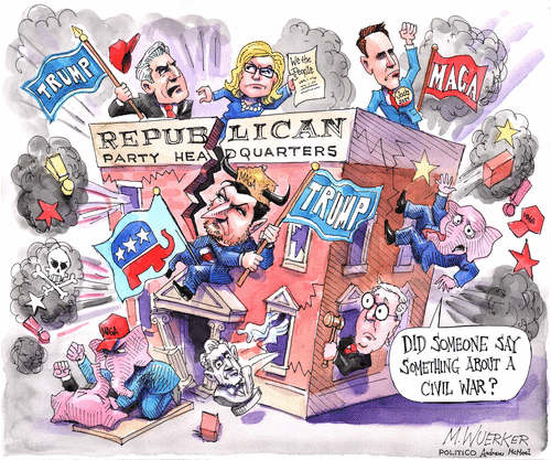 Political Cartoon U.S. GOP civil war Trump
