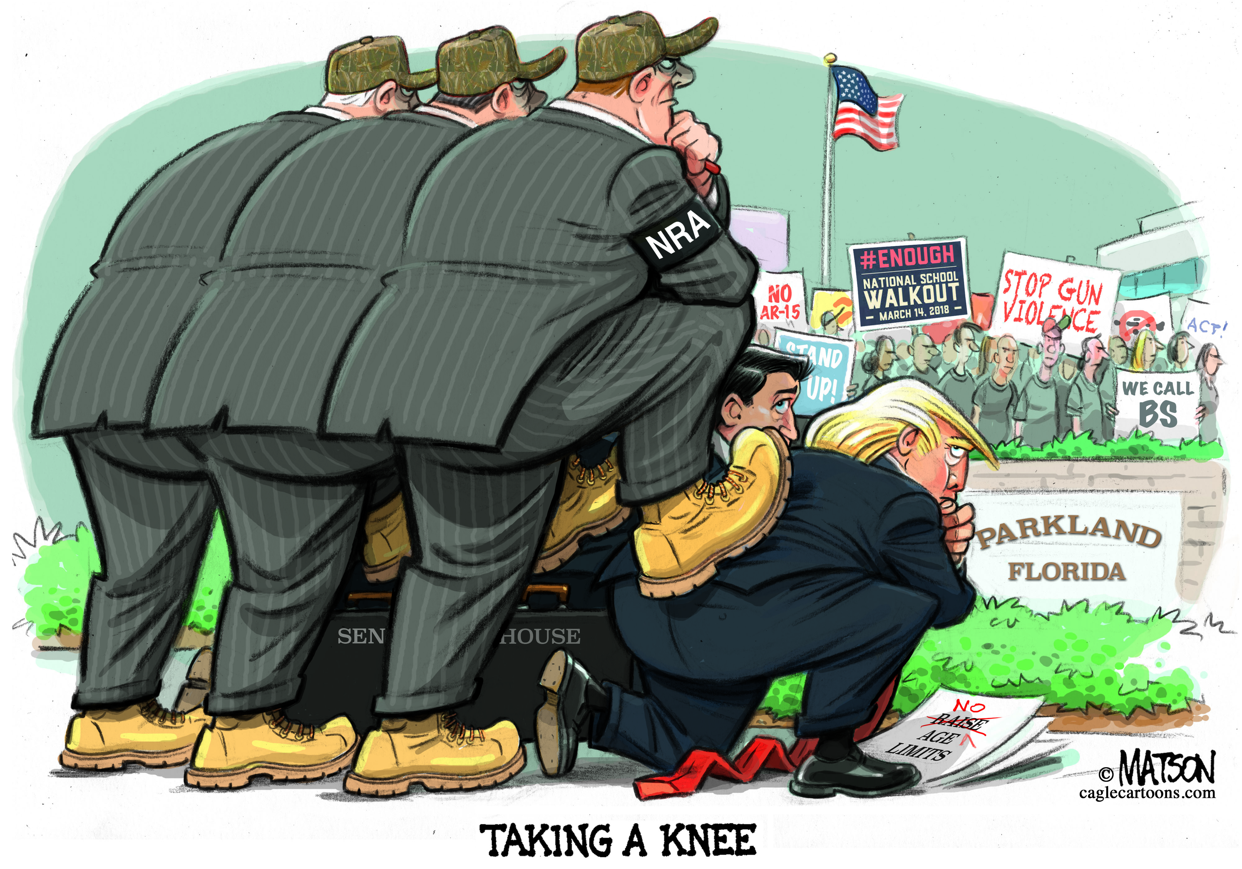 Political cartoon . Trump GOP take a knee NRA Parkland shooting students  mass shooting gun control March for Our Lives student walkout
