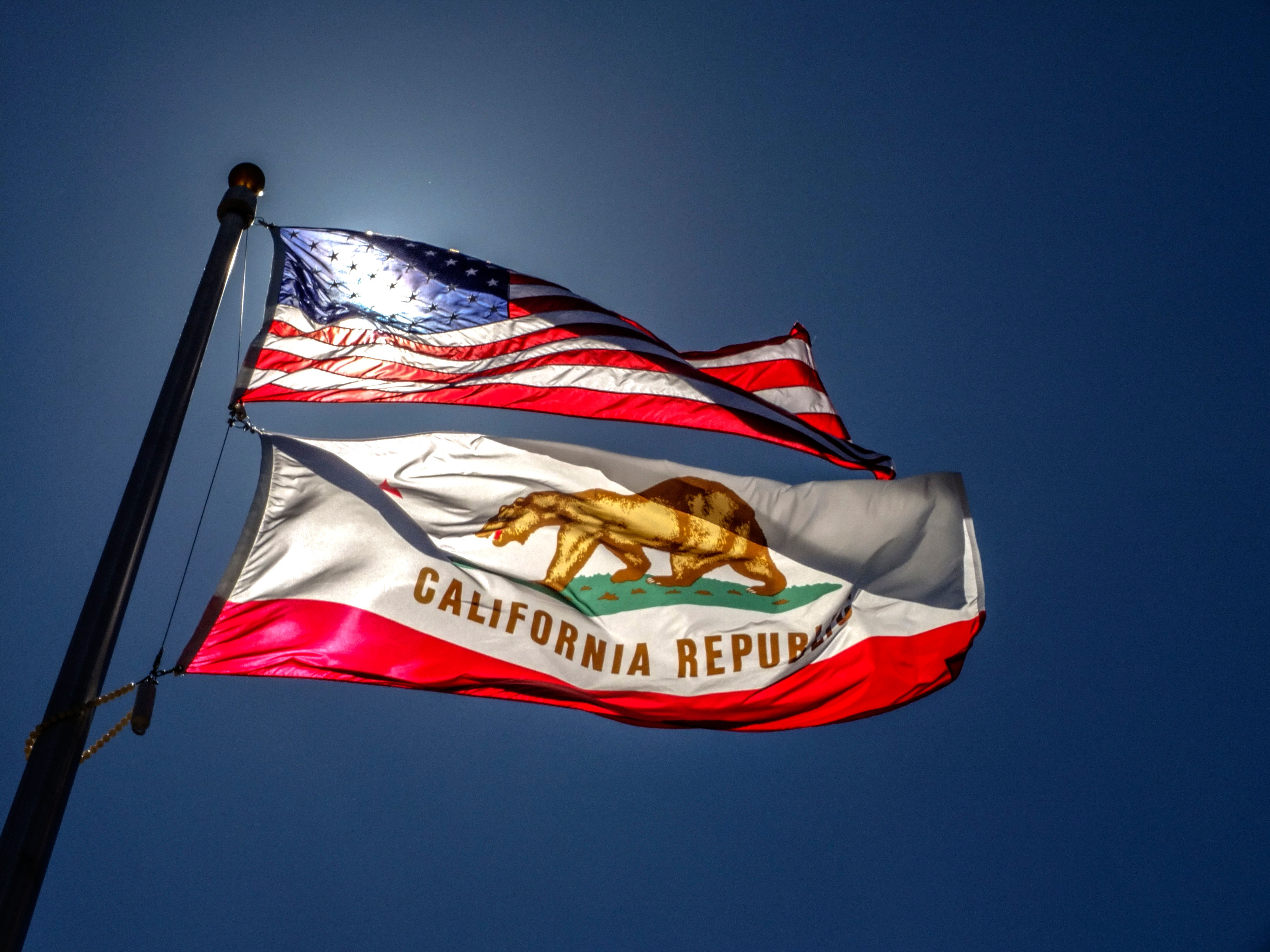 The American flag and California state flag.