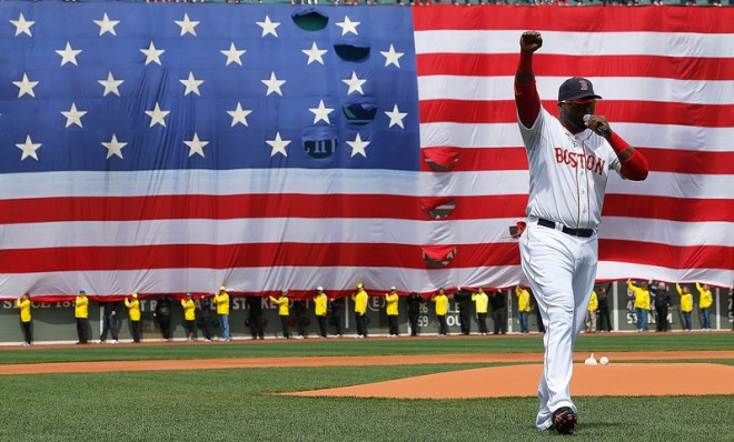 David Ortiz speaks during a pre-game ceremony on April 20 to commemorate the first game at Fenway Park since the Boston Marathon bombings.
