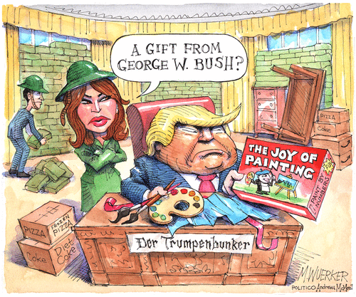 Political Cartoon U.S. Trump Bush painting
