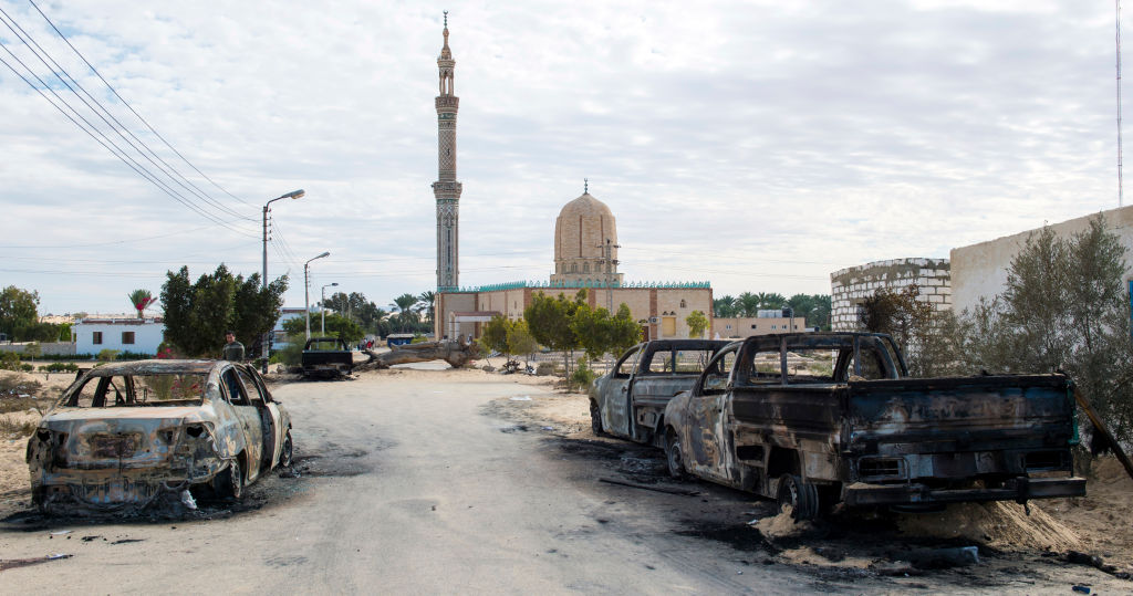 A picture taken on November 25, 2017, shows the Rawda mosque, roughly 40 kilometres west of the North Sinai capital of El-Arish, after a gun and bombing attack. 