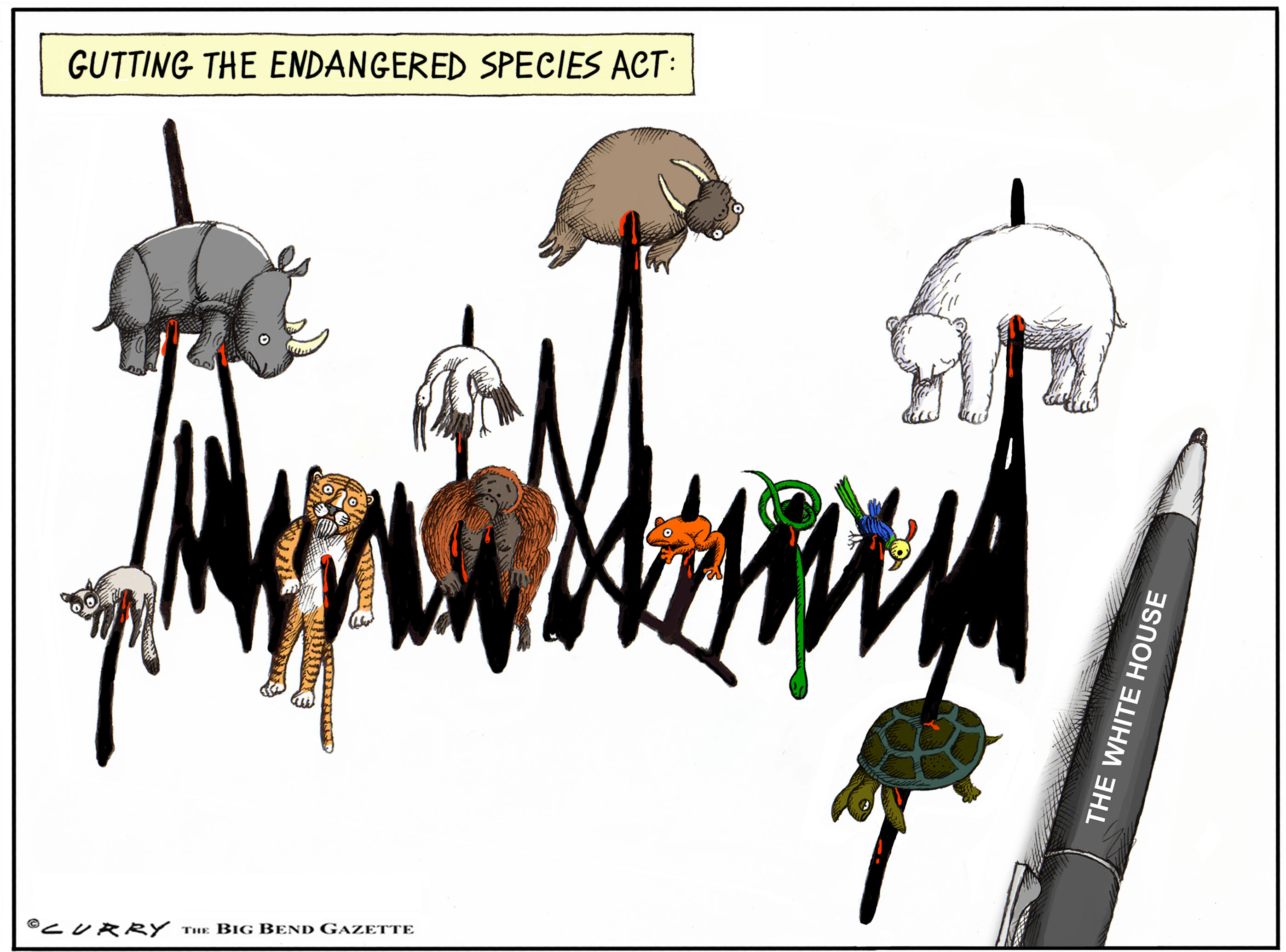 Political Cartoon . Trump White House Gutting Endangered Species Act