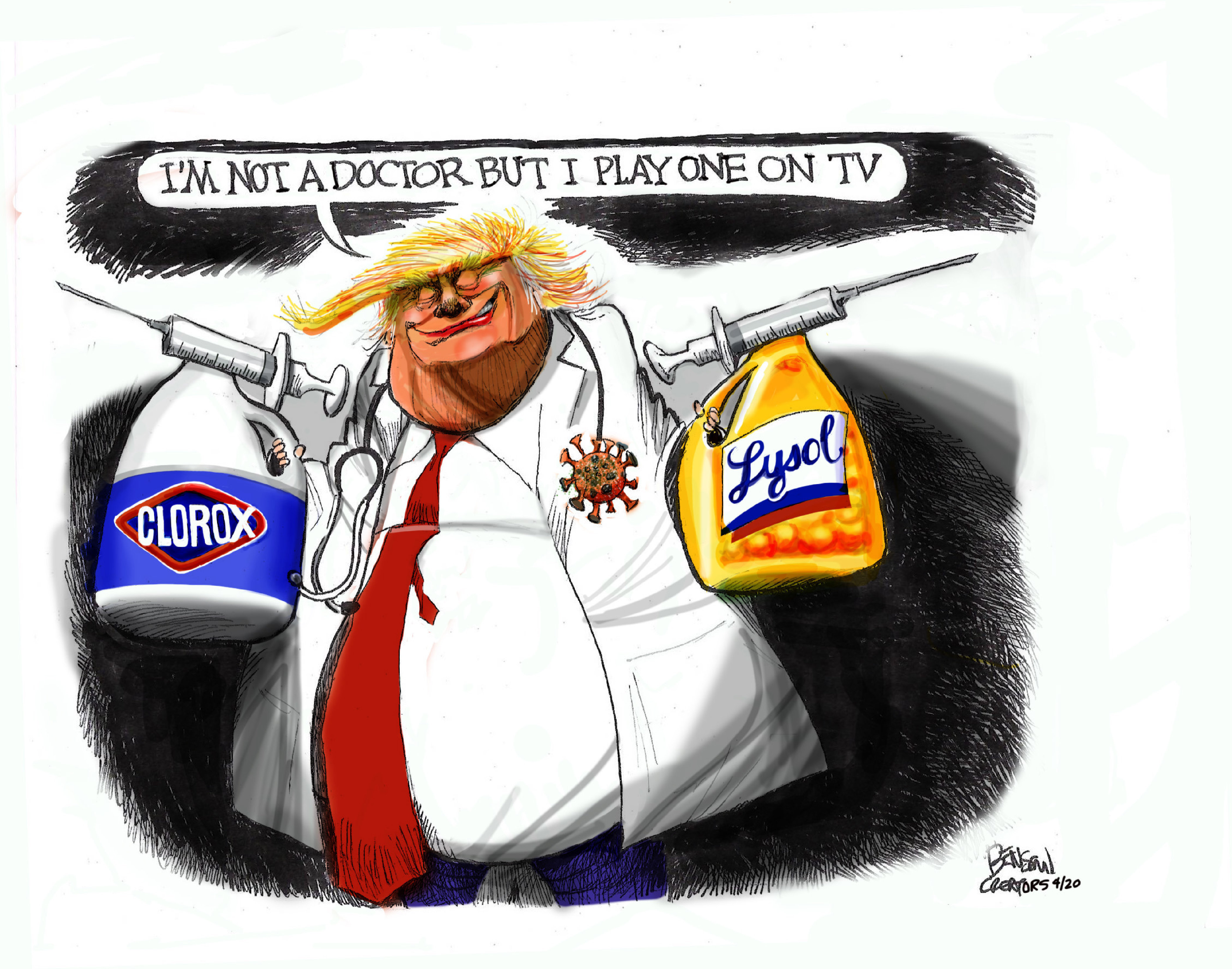 Political Cartoon U.S. Trump plays TV doctors Clorox Lysol injection