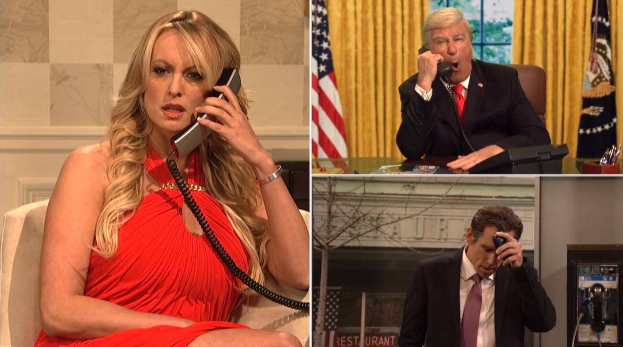 Stormy Daniels as herself, Ben Stiller as Michael Cohen, and Alec Baldwin as President Trump on SNL