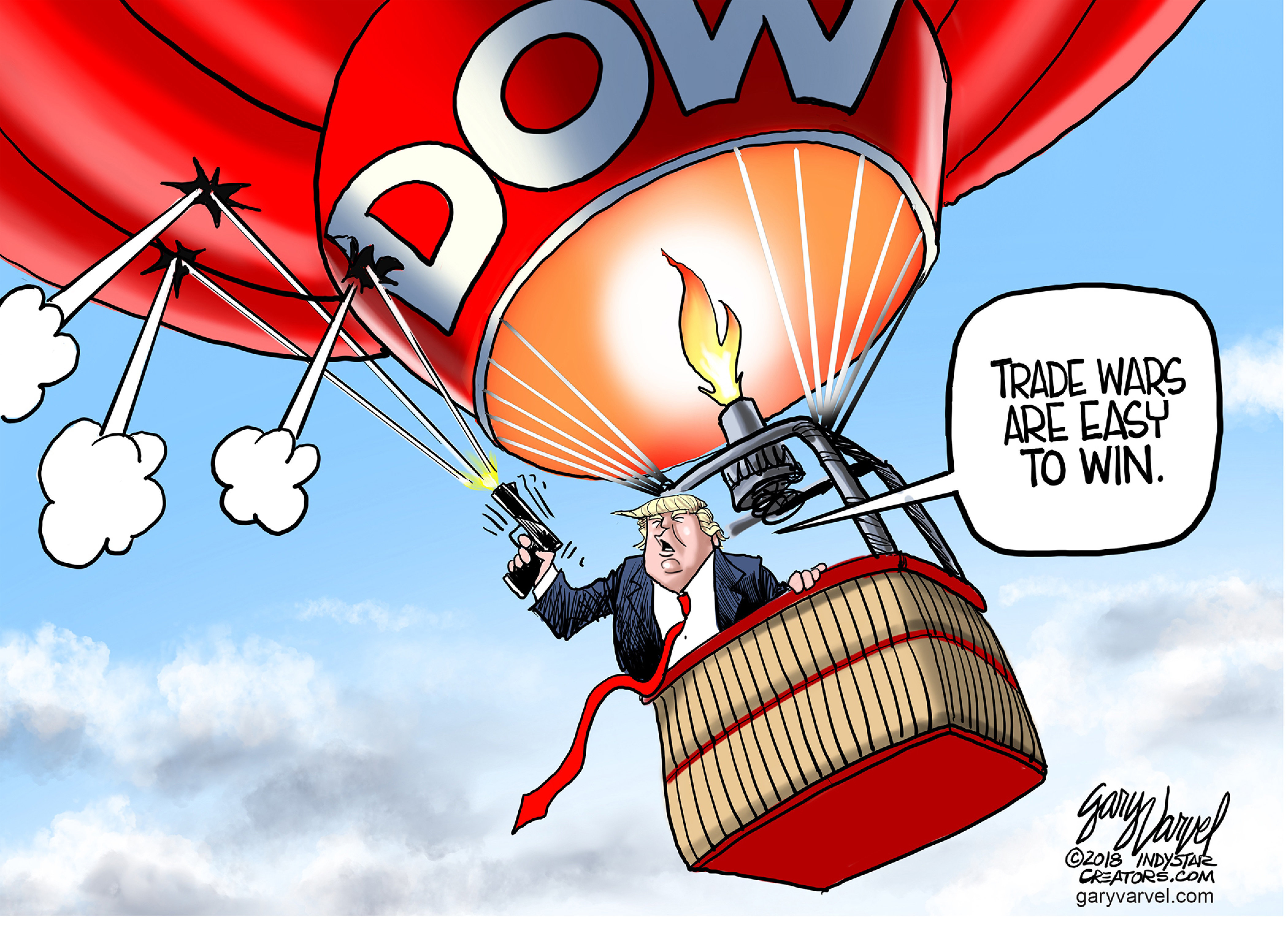 Political cartoon . Trump trade war tariffs Dow Jones