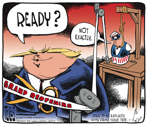 Political Cartoon U.S. Trump reopening Uncle Sam gallows