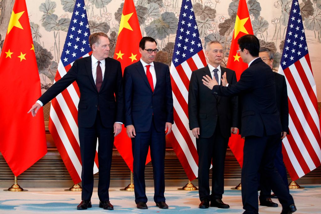 Chinese Vice Premier Liu He, Treasury Secretary Steven Mnuchin, and U.S. Trade Representative Robert Lighthizer pose