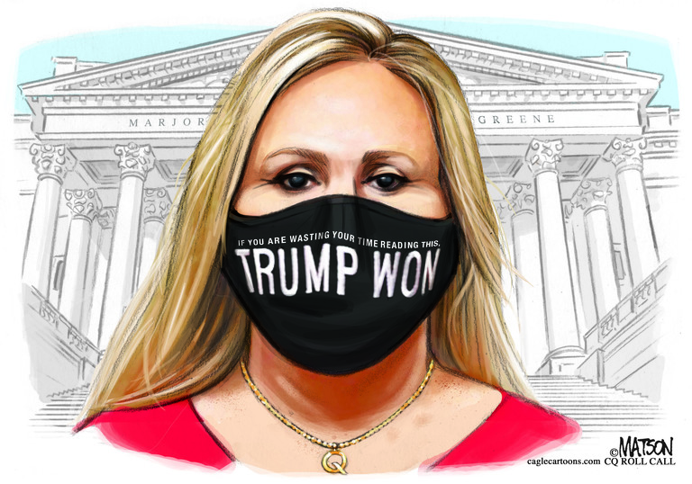 Political Cartoon U.S. marjorie taylor greene trump mask