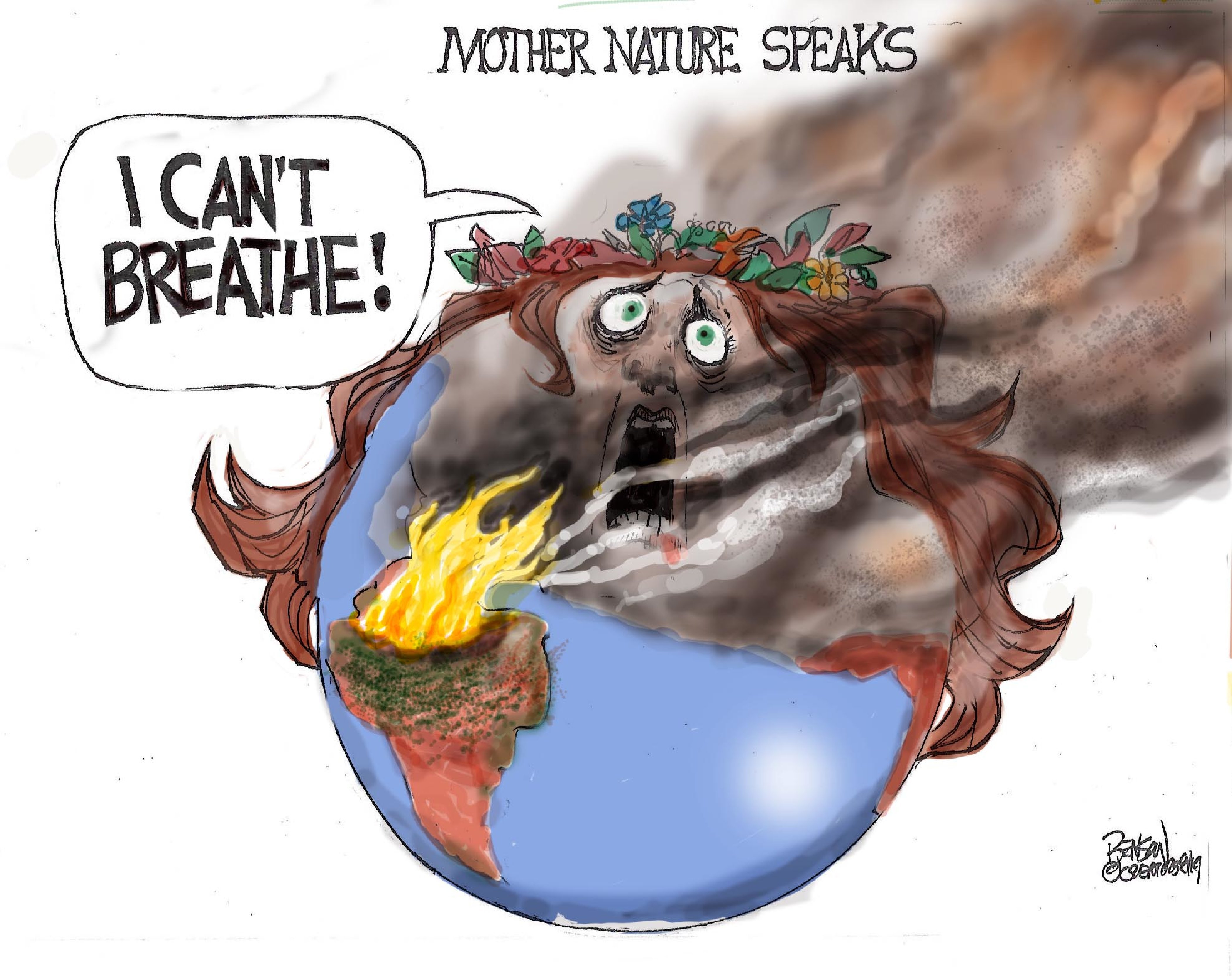 Editorial Cartoon . Mother Nature I Can't Breathe Amazon Rainforest Fire
