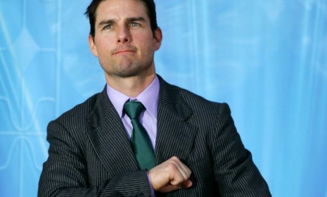 Tom Cruise, seen here speaking at a Scientology church in Madrid in 2004, reportedly set up a &quot;Scientology-espousing tent&quot; on the set of &quot;War of the Worlds.&quot;
