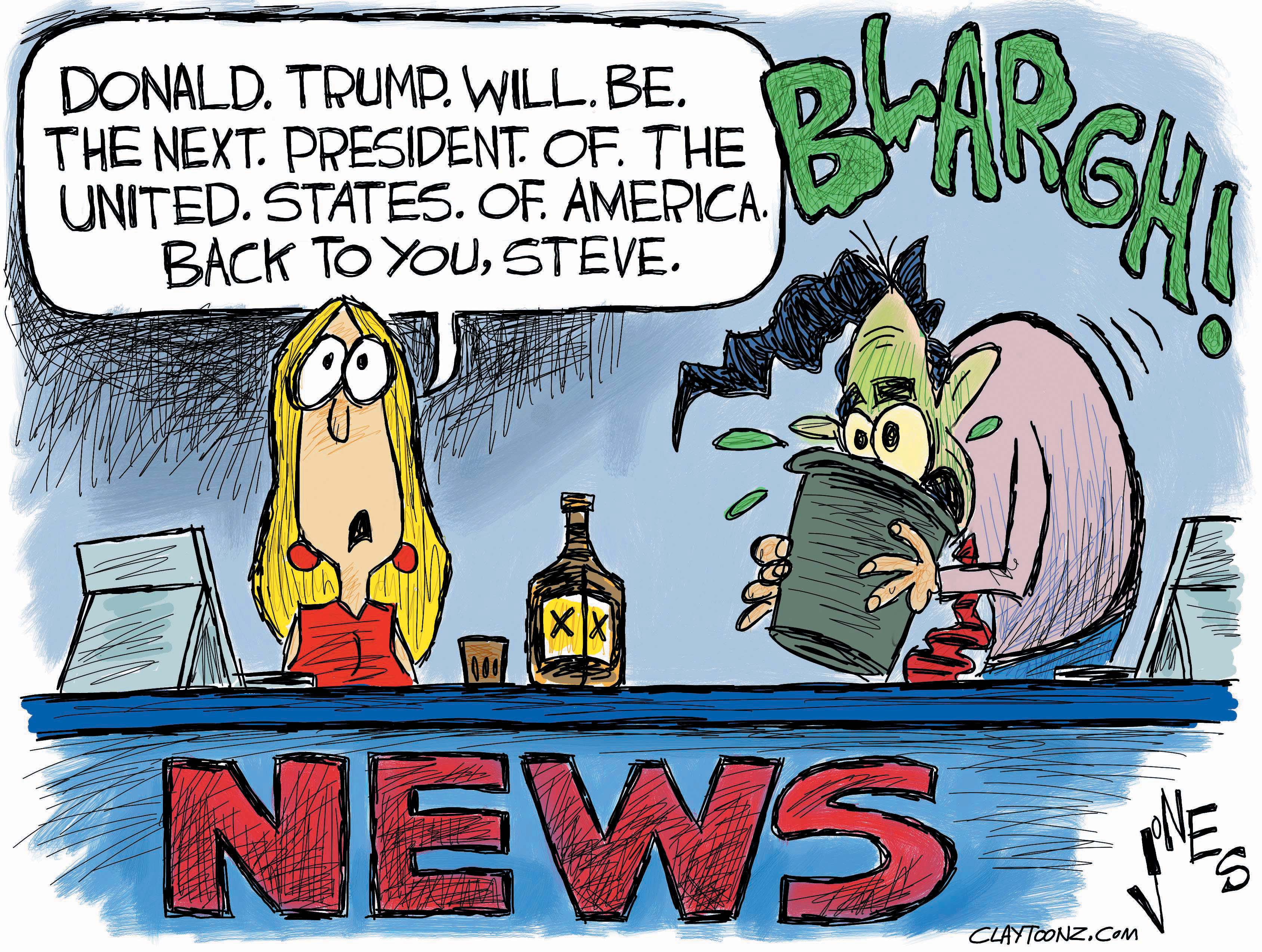 Political cartoon U.S. 2016 election Donald Trump winner media sick