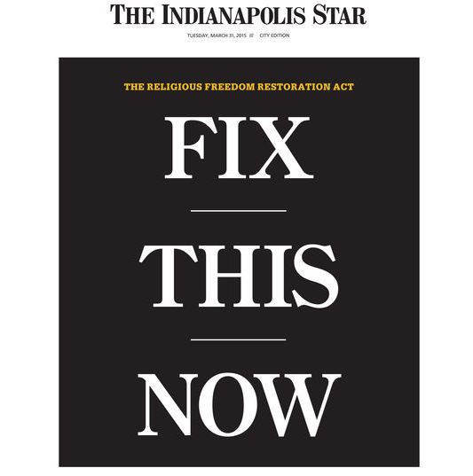 The Indianapolis Star has a front-page editorial slamming the &#039;religious freedom&#039; law
