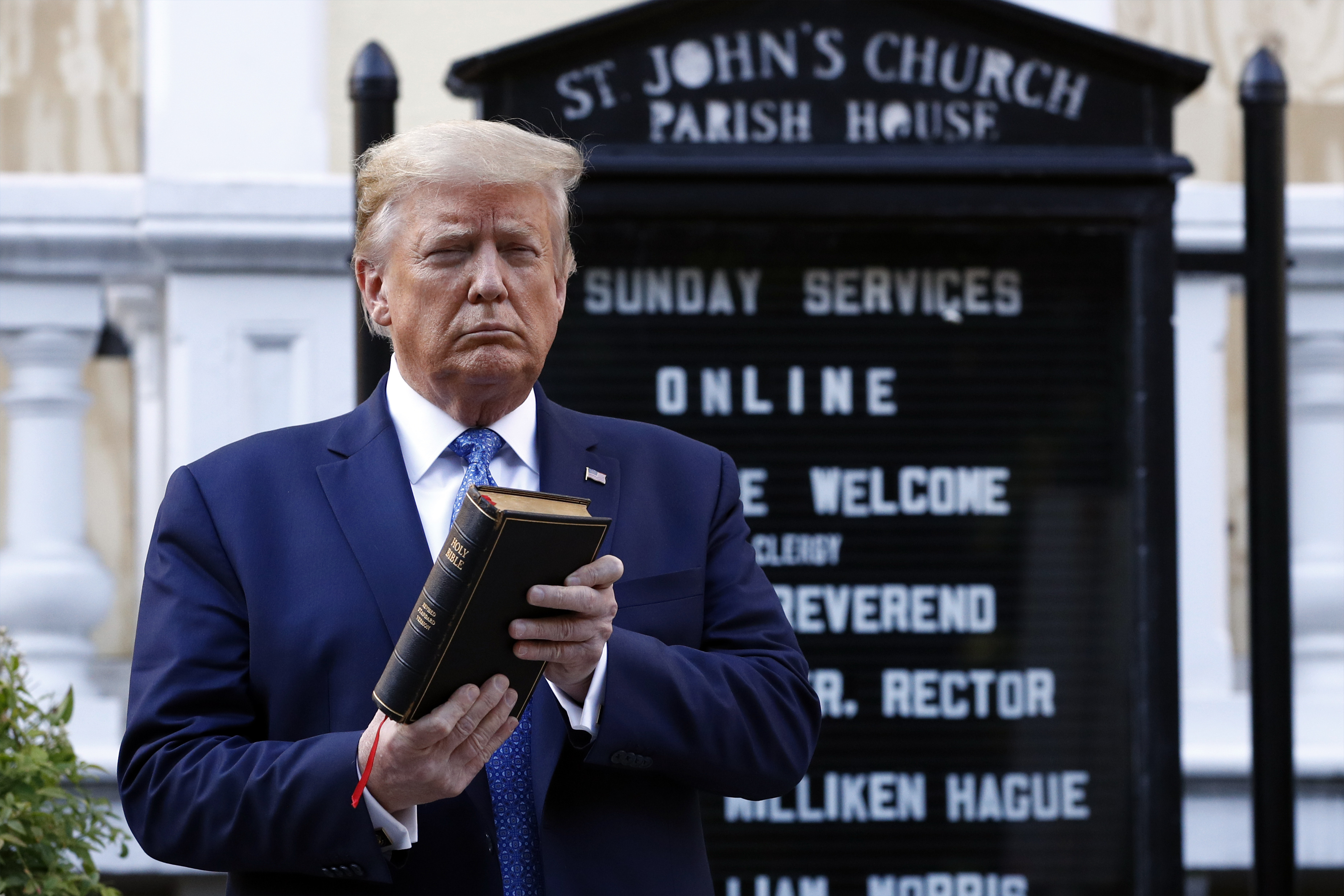 Donald Trump in front of St. John&#039;s Church.