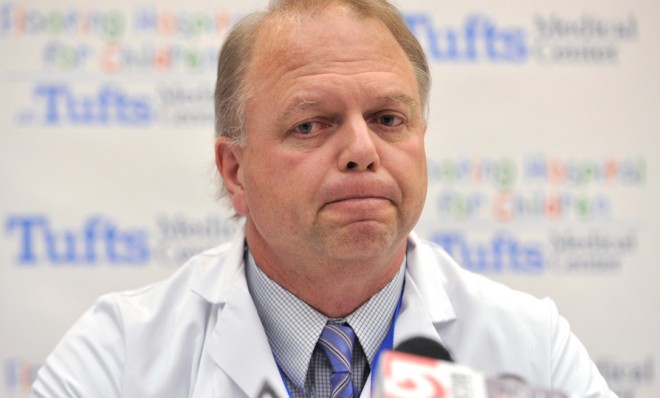 Dr. Brien Barnewolt, chair of emergency medicine at Tufts Medical Center, speaks to reporters on April 16.