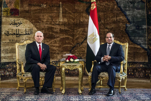 U.S. Vice President Mike Pence meets with Egyptian President Abdel-Fattah el-Sissi, right, at the Presidential Palace in Cairo, Egypt, Saturday, Jan. 20, 2018. 