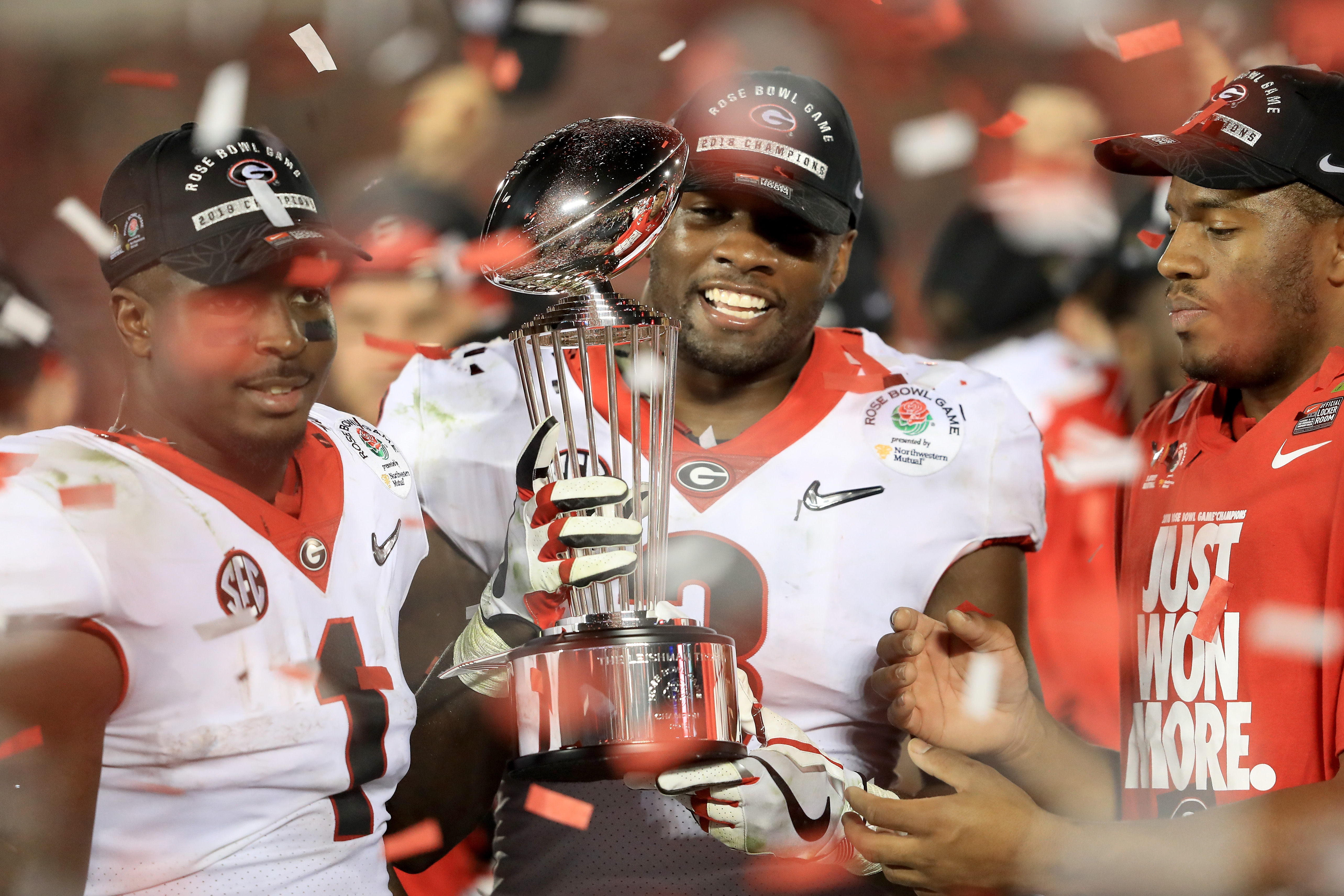 The Georgia Bulldogs celebrate their Rose Bowl win