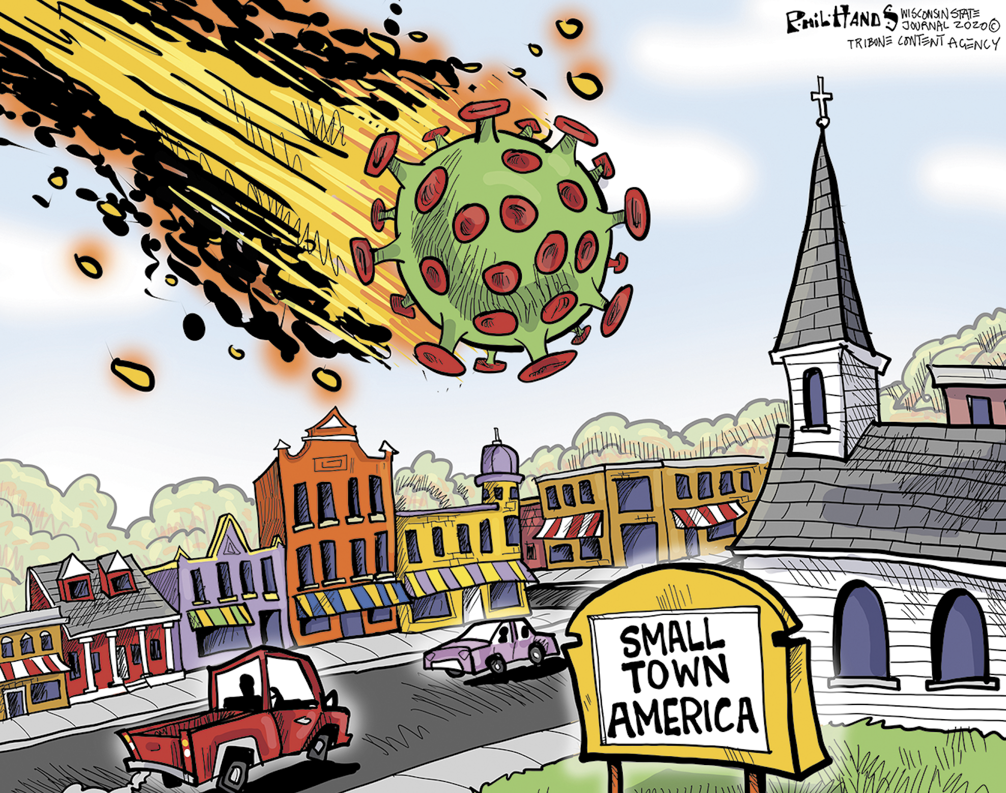 Editorial Cartoon . COVID small town America