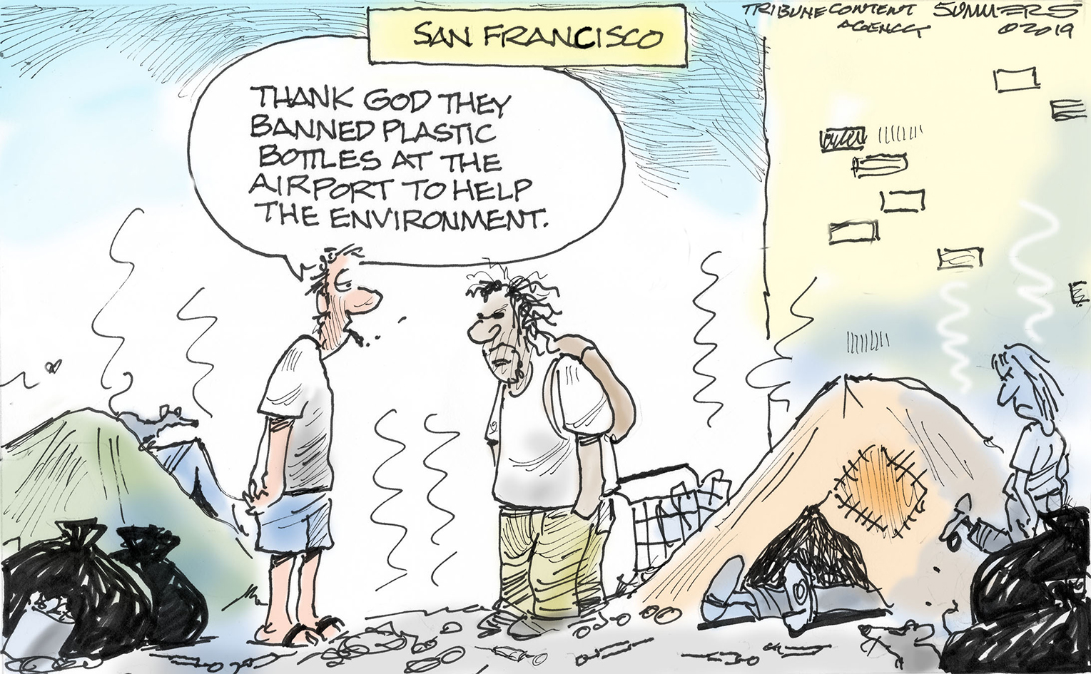 Political Cartoon San Francisco Plastic Bottle Airport Ban Trash  Homelessness