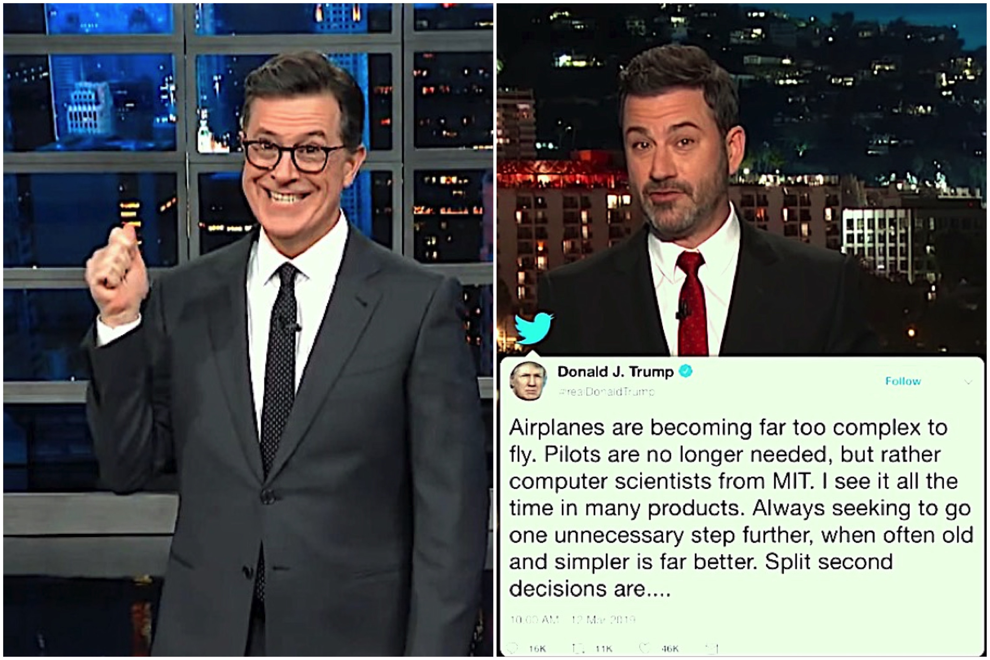 Jimmy Kimmel and Stephen Colbert on Trump&#039;s aviation adivice