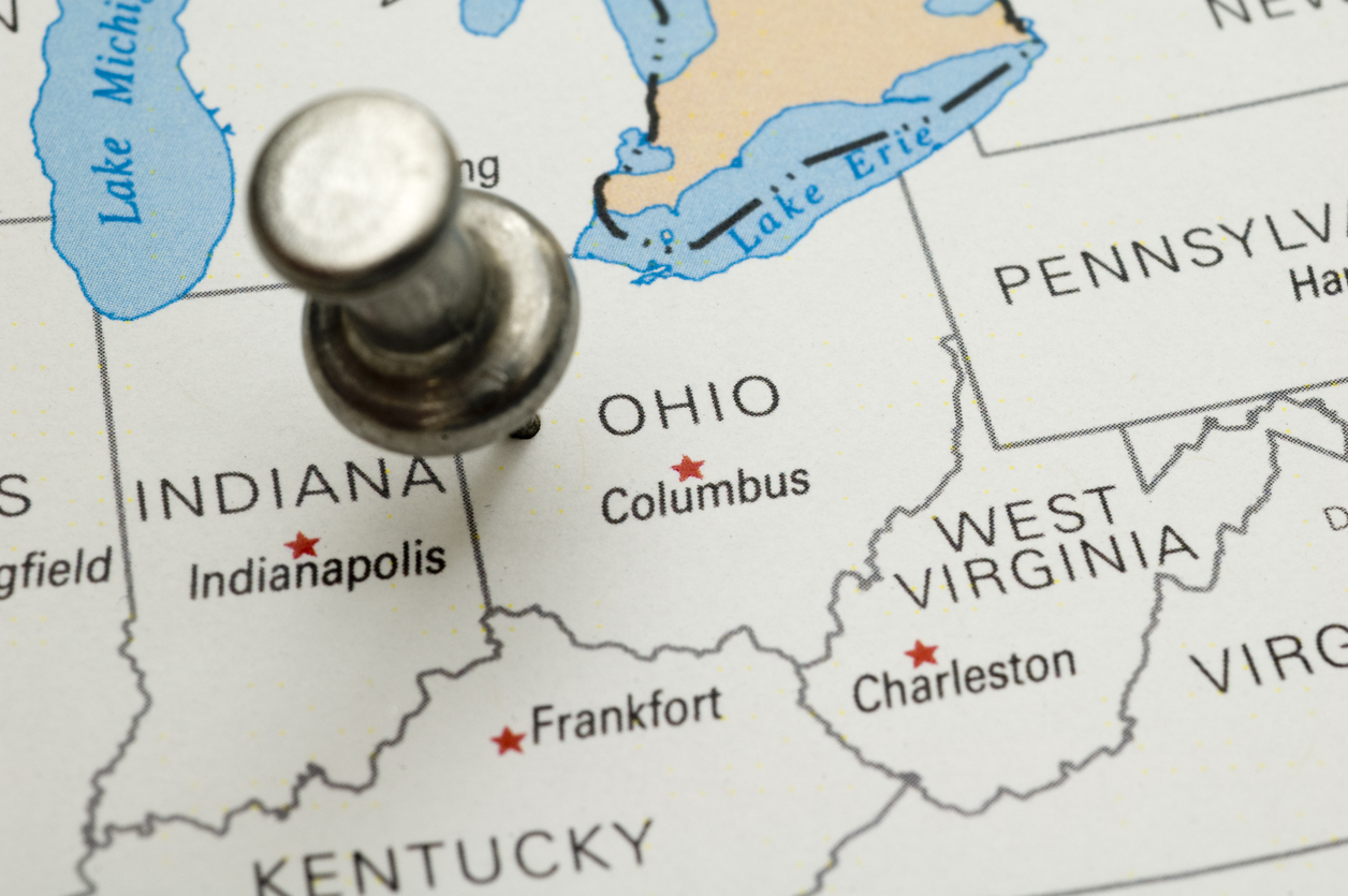 A map showing Indiana, Ohio, and West Virginia.