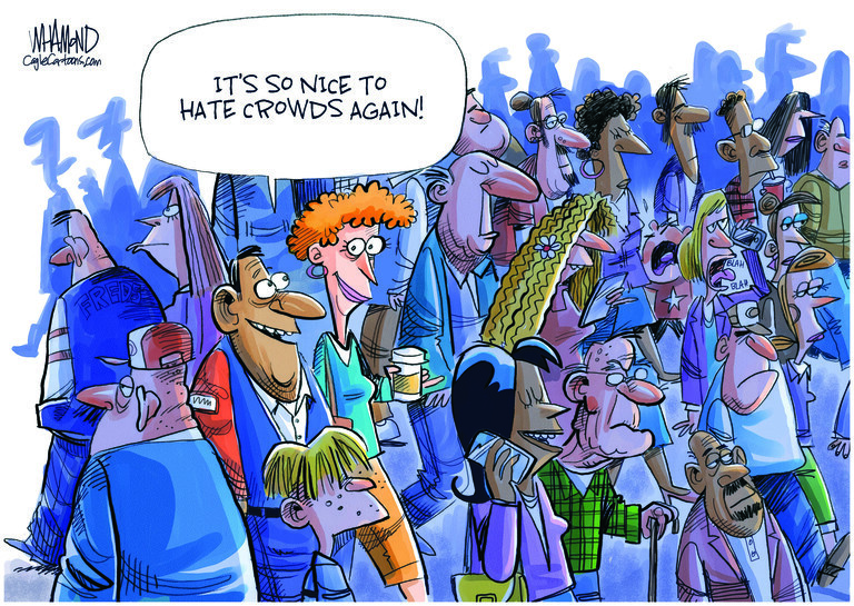 Editorial Cartoon . covid masks normalcy crowds