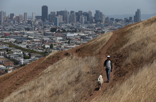 A woman walking her dog outside San Francisco.
