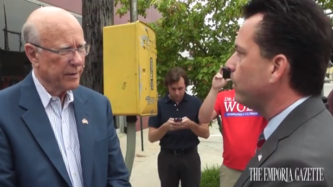 Sen. Pat Roberts&#039; Republican primary challenger confronts him during campaign stop, challenges him to debate
