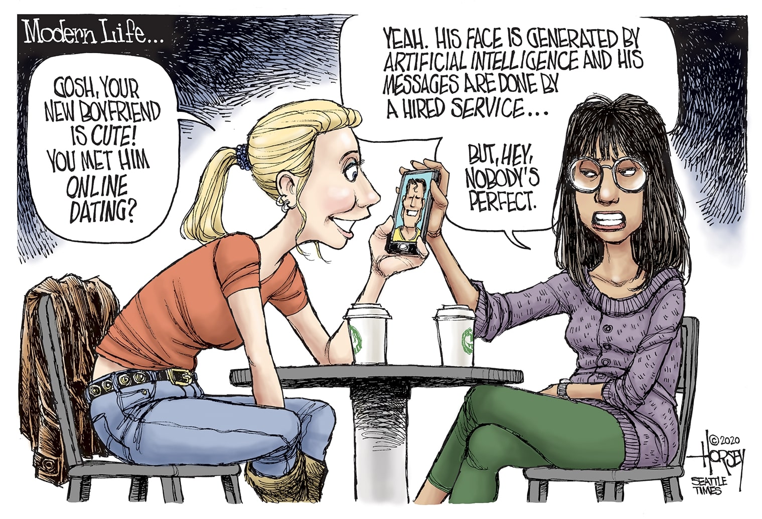 Editorial Cartoon . online dating artificial intelligence modern romance