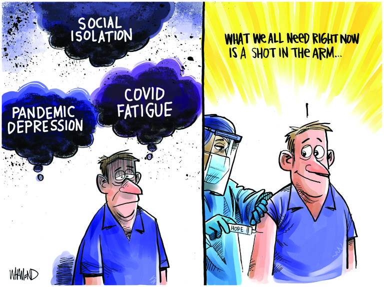 Editorial Cartoon . covid vaccine fatigue