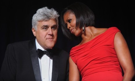 Leno and Michelle Obama chatted casually at the dinner.