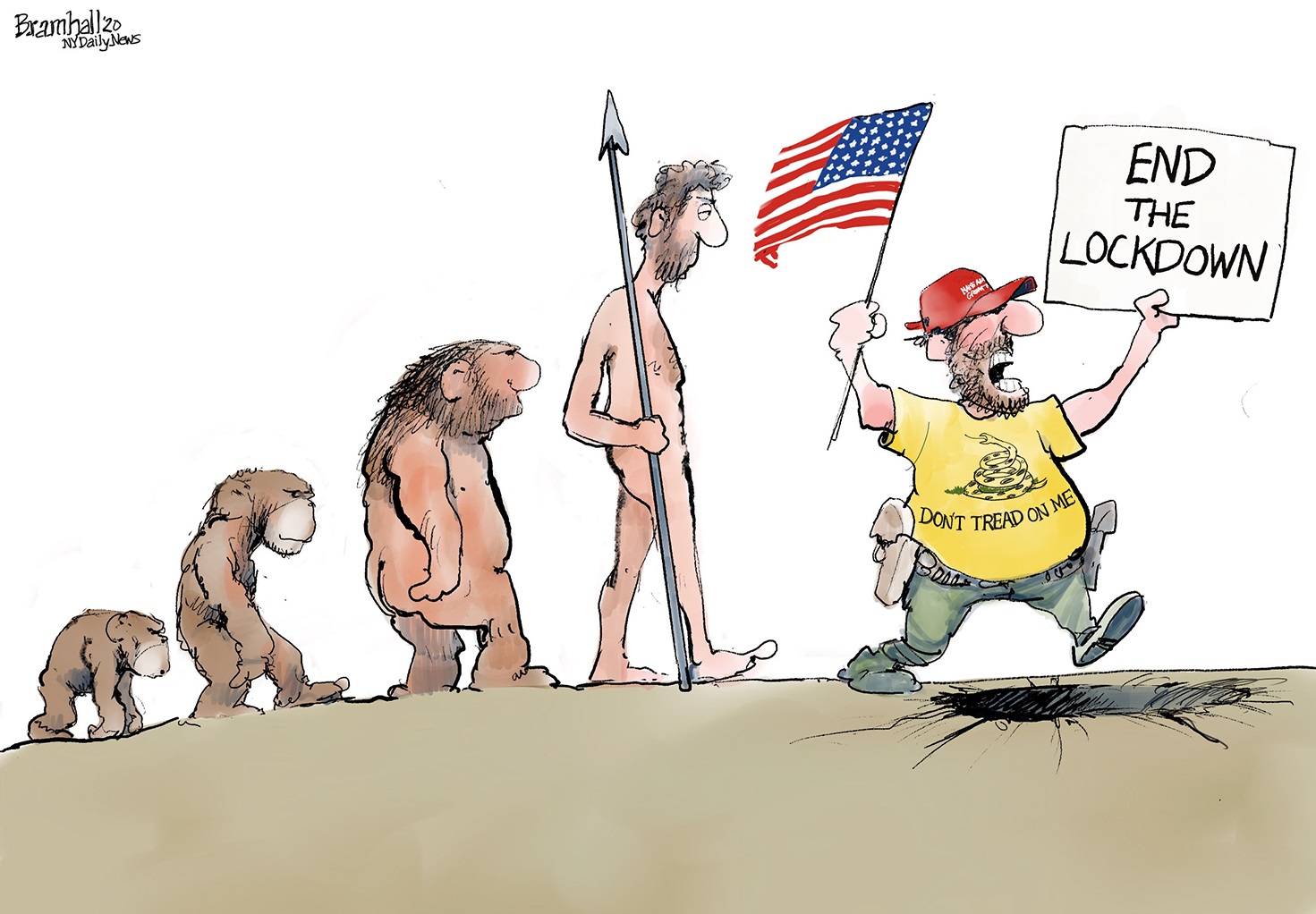 Political Cartoon U.S. end lockdown human evolution descends