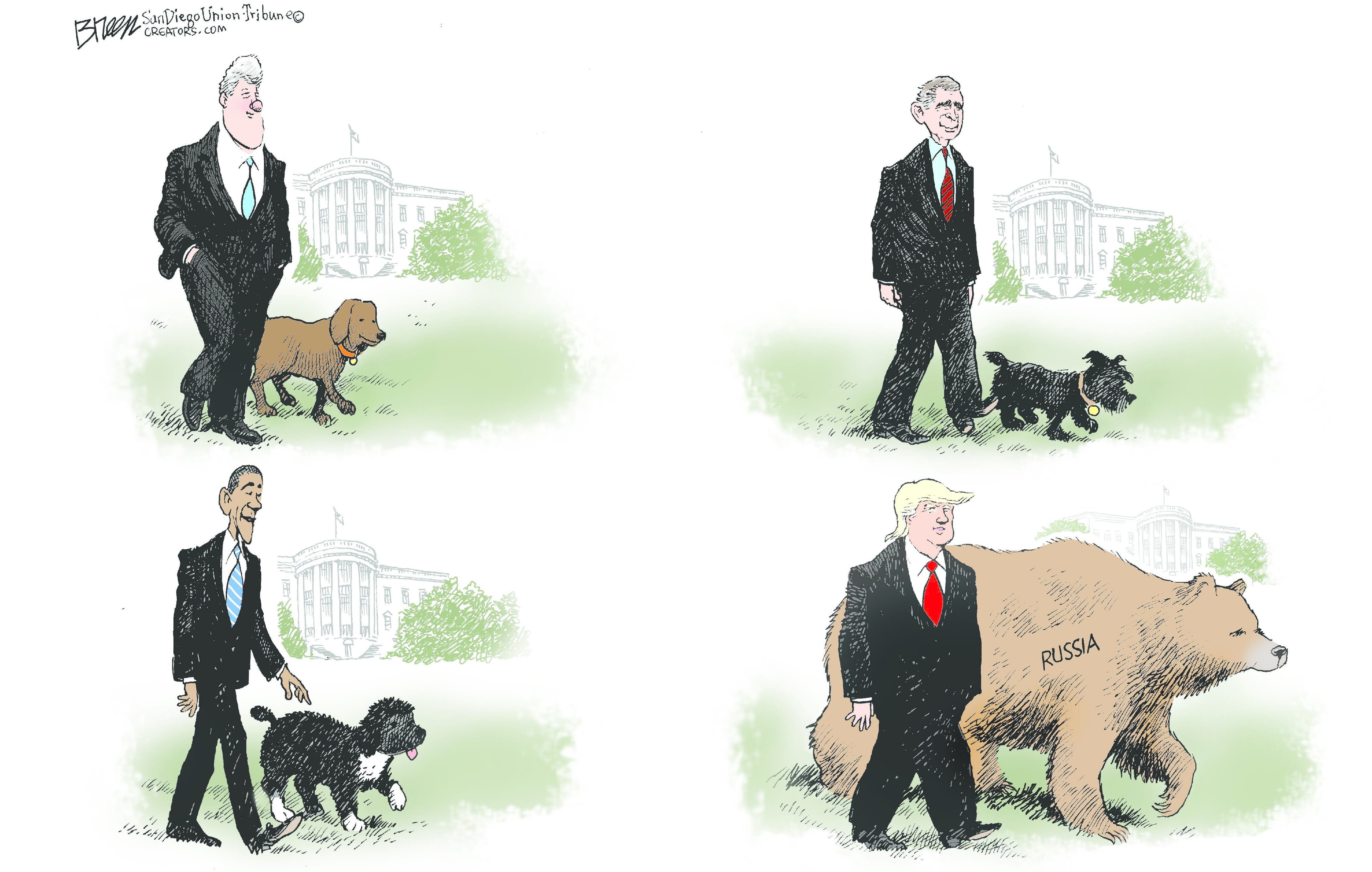 Political Cartoon . Presidents first dogs Trump Russian bear