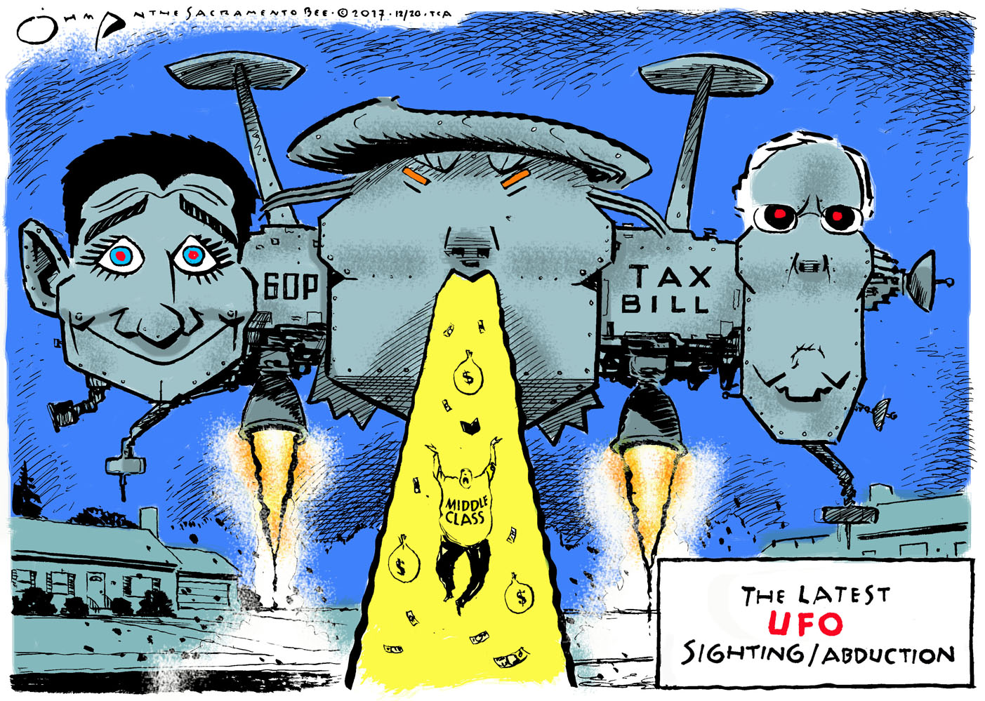 Political cartoon . Tax reform Trump Ryan McConnell UFO research