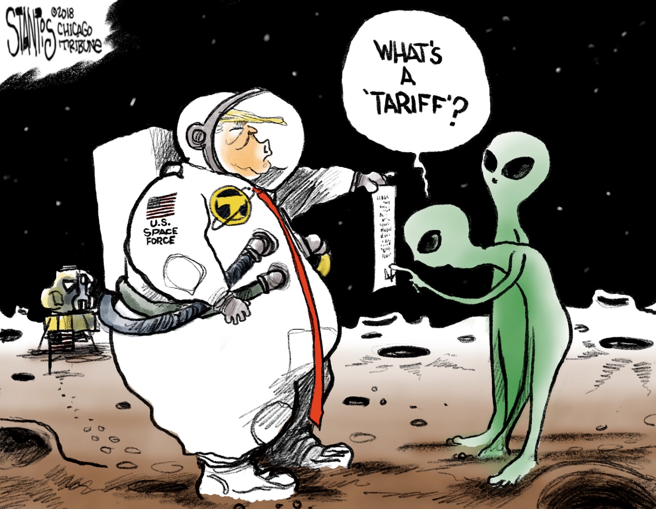 Political cartoon . Trump space force aliens tariffs